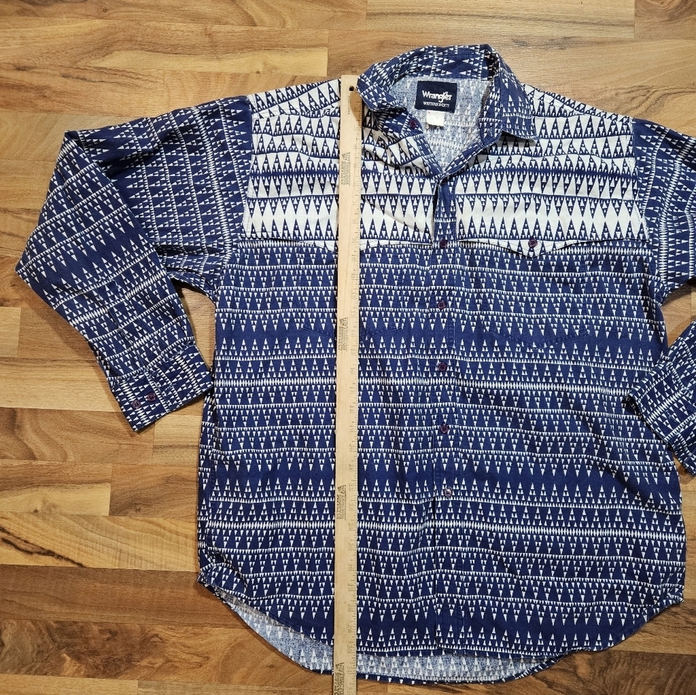 Wrangler XL Western Aztec Print Shirt Blue Geometric Button Front - Picture 4 of 6